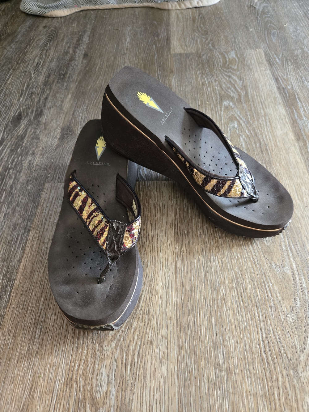 Volatile Women’s Brown Wedge Sandals with Tiger Stripe Patterned Sequened Straps